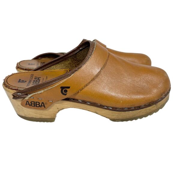 Vintage Tretorn ABBA Wooden Slippers Clogs Women 5 (35) Tan Leather Sweden 1970 - Picture 2 of 14